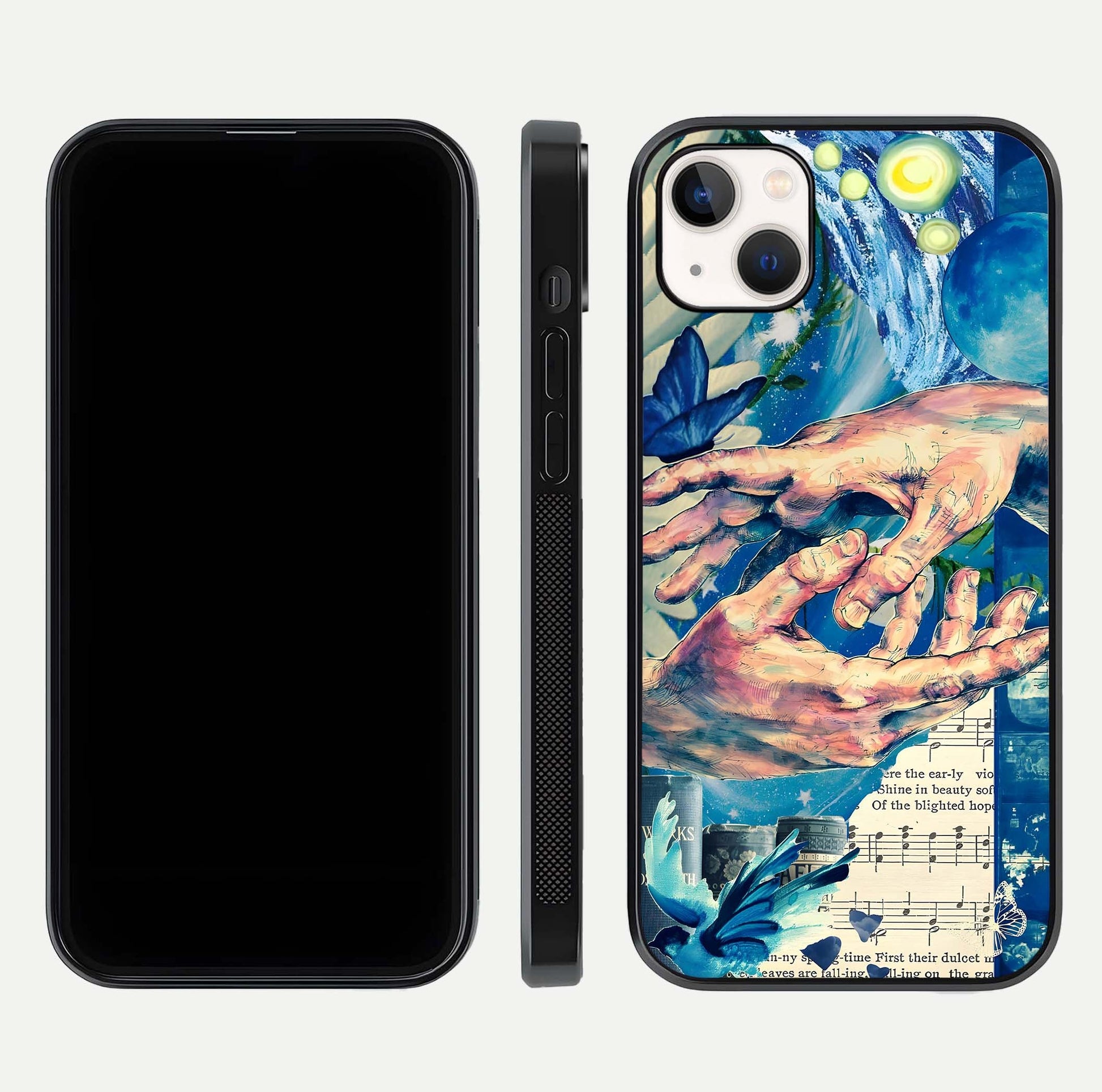 Aesthetic Divider Glass Case for iPhone 16 Pro front and back view layout showing black front display and minimal divider glass back