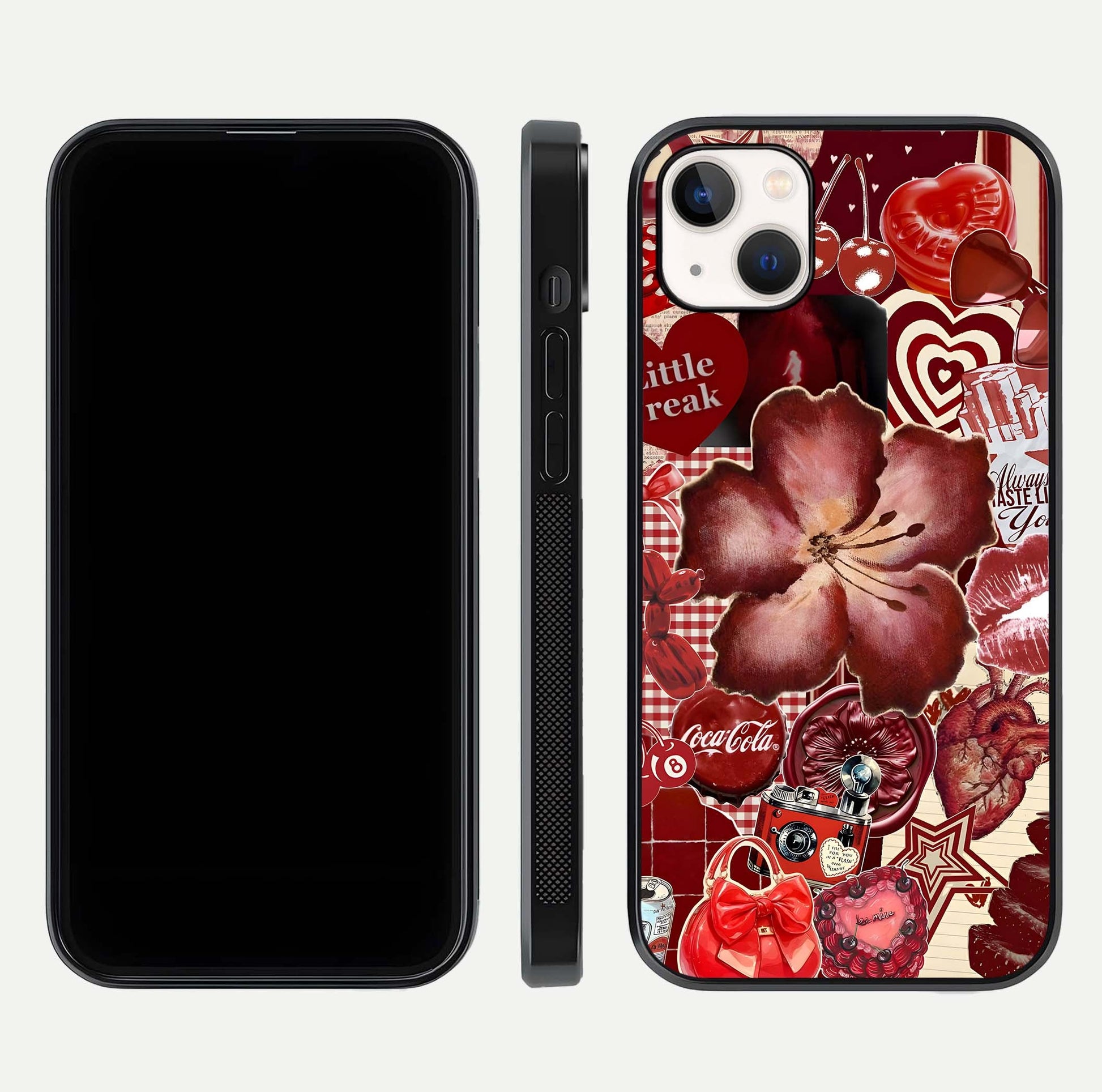Aesthetic Little Freak Glass Case for iPhone 16 Pro front and back view layout showing black front display and trendy collage glass back