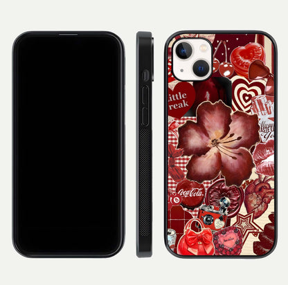 Aesthetic Little Freak Glass Case for iPhone 16 Pro front and back view layout showing black front display and trendy collage glass back