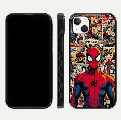 Aesthetic Spider Man Glass Case for iPhone 16 Pro front and back view layout showing black front display and Spider-Man art glass back