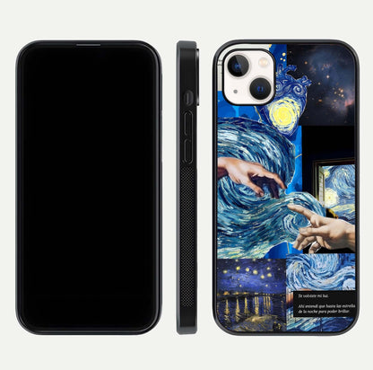 Aesthetic Vando Hands Glass Case for iPhone 16 Pro front and back layout highlighting camera cutout and premium glass shine