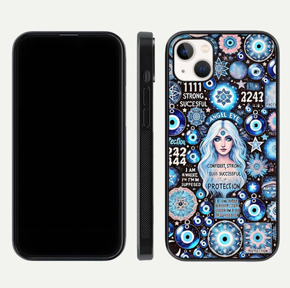Angel Aura Shield Glass Case for iPhone 16 Pro front and back display highlighting glass clarity and spiritual design