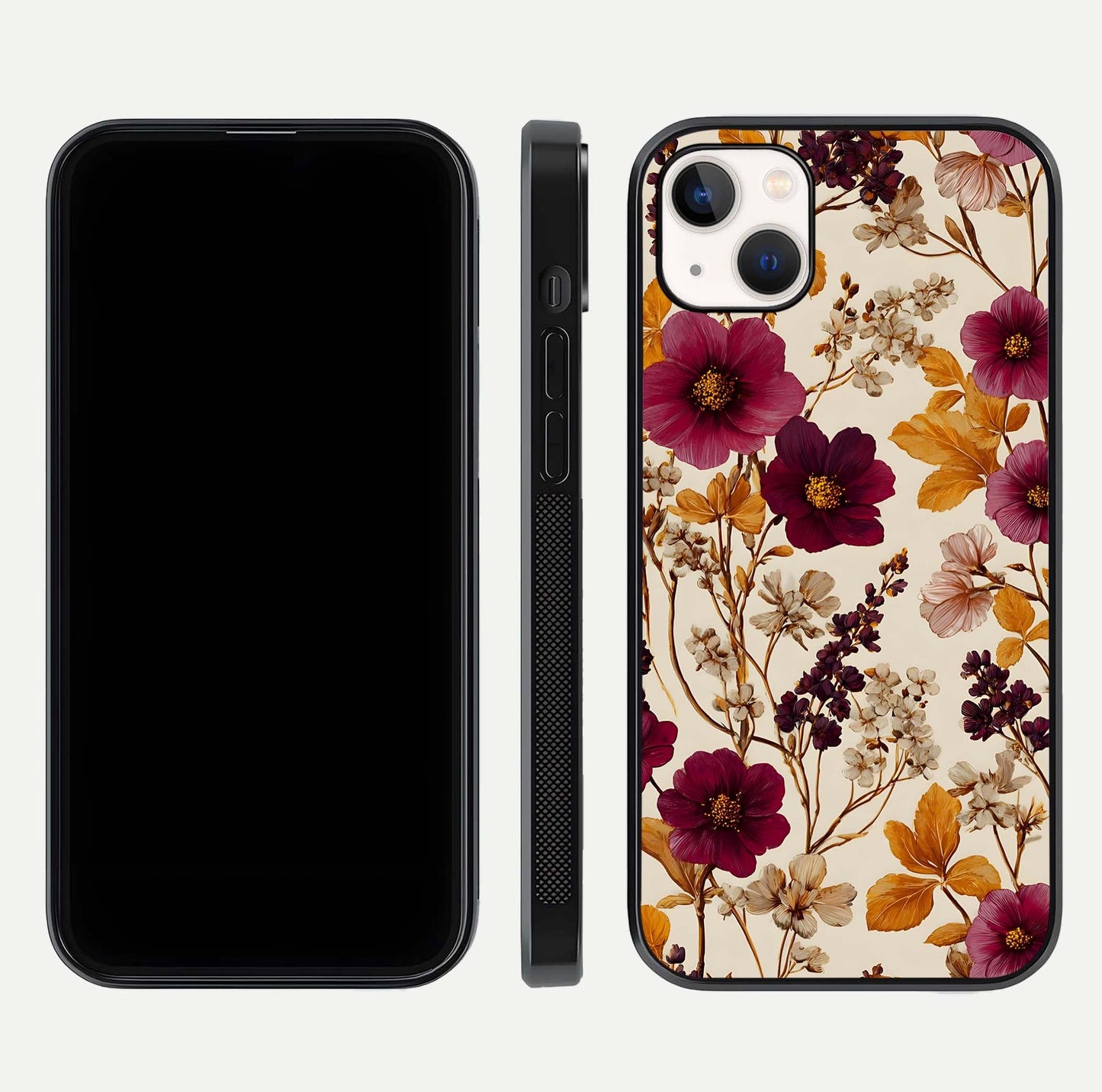 Autumn Wine Bloom Glass Case for iPhone 16 Pro front and back layout showing autumn print and HD glass clarity