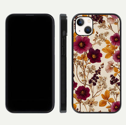Autumn Wine Bloom Glass Case for iPhone 16 Pro front and back layout showing autumn print and HD glass clarity