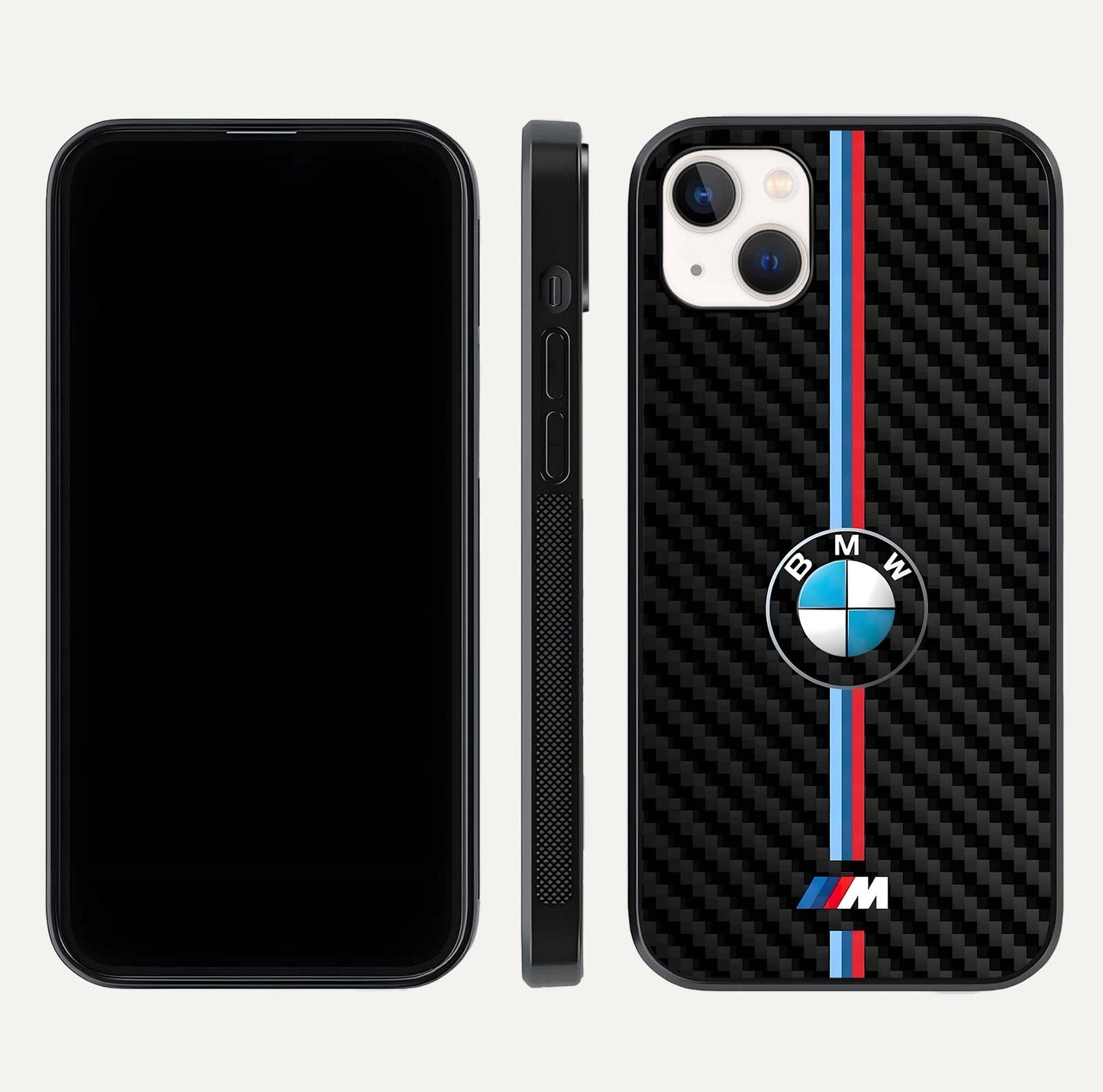 BMW Pattern Glass Case for iPhone 14 Plus front-and-back layout displaying car-themed art and premium glass gloss