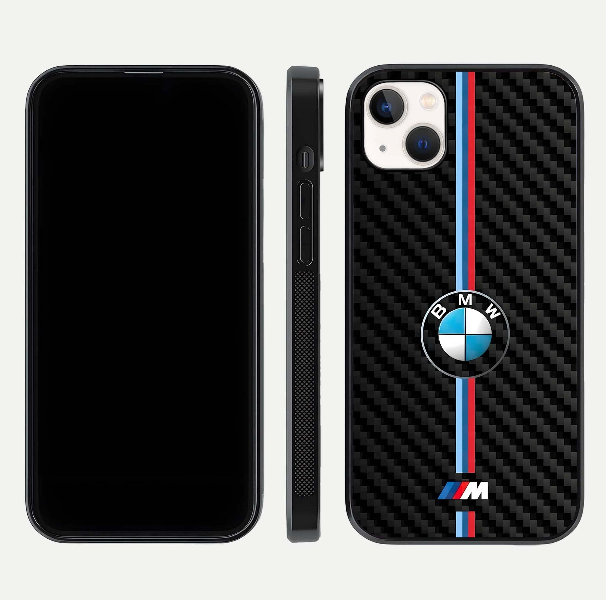 BMW Pattern Glass Case for iPhone 14 Plus front-and-back layout displaying car-themed art and premium glass gloss