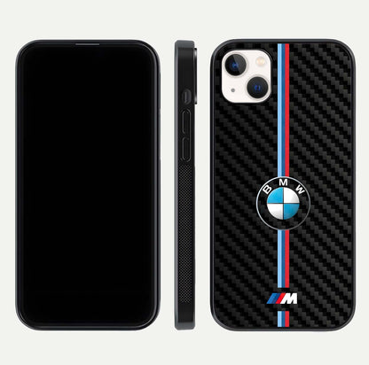 BMW Pattern Glass Case for iPhone 14 Plus front-and-back layout displaying car-themed art and premium glass gloss