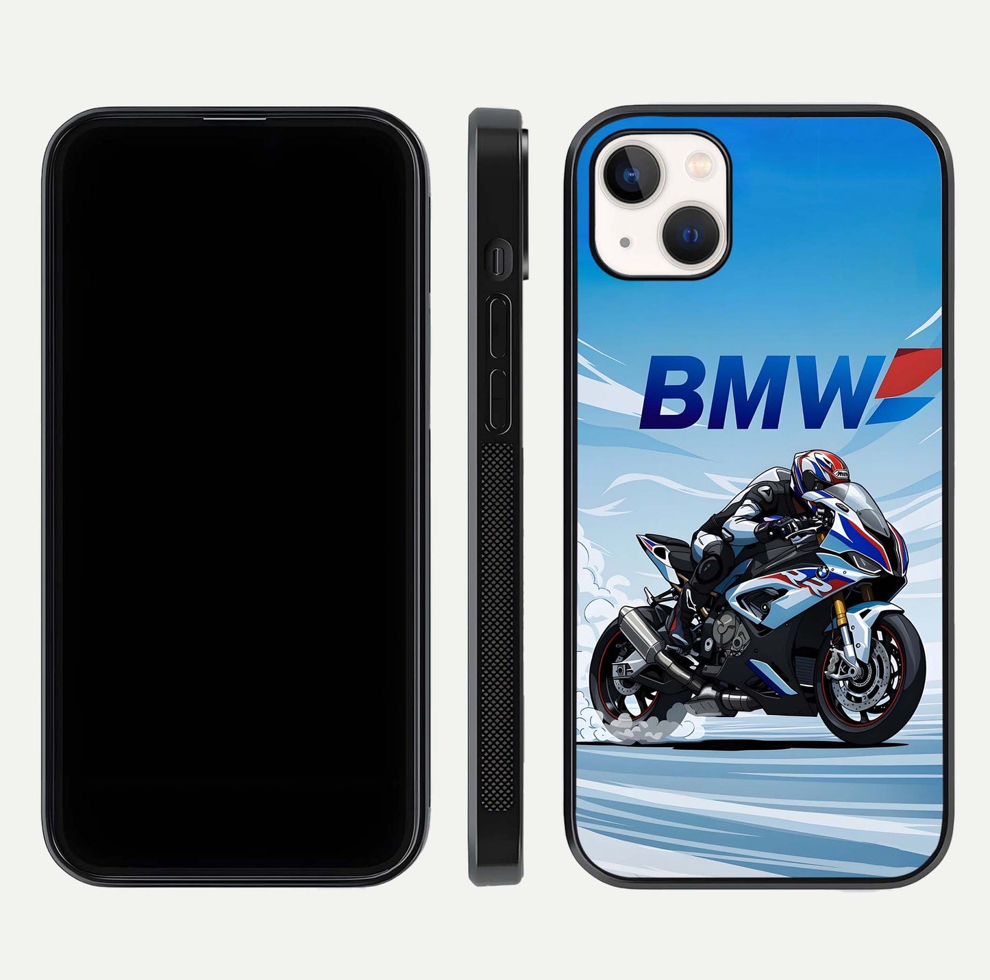 BMW Power Drift Glass Case for iPhone 14 Plus dual-view layout showing energy pattern and edge clarity