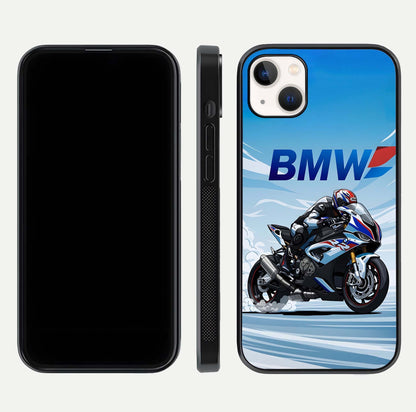 BMW Power Drift Glass Case for iPhone 14 Plus dual-view layout showing energy pattern and edge clarity