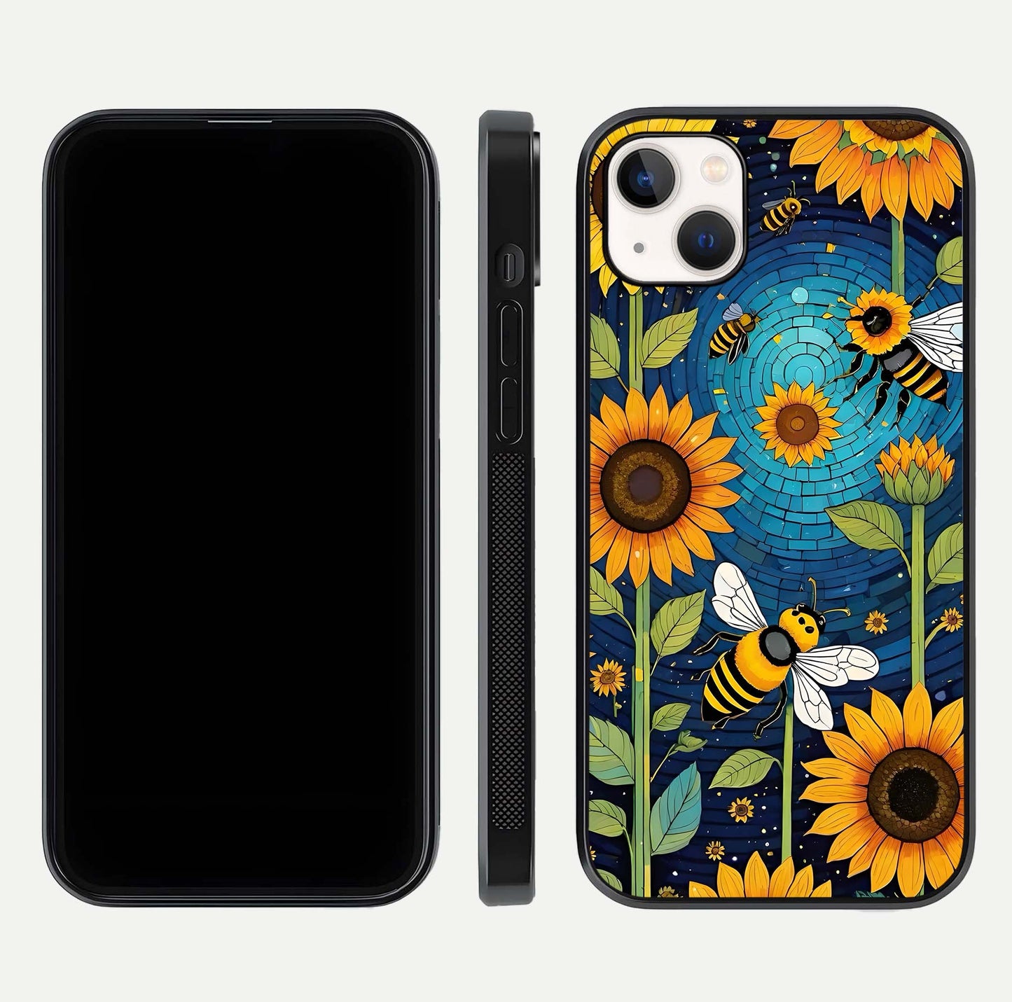 Bees & Sunflowers Glass Case for iPhone 16 Pro front-and-back layout highlighting nature-inspired artwork and protective edge