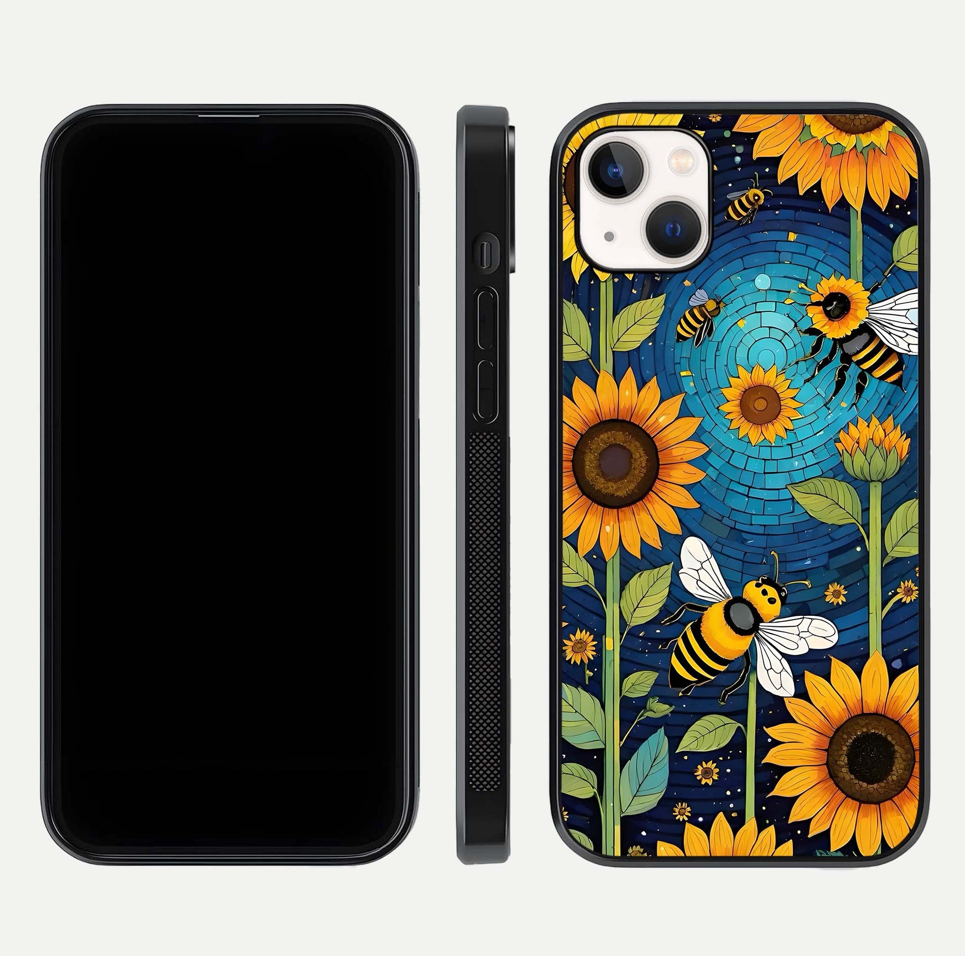 Bees & Sunflowers Glass Case for iPhone 16 Pro front-and-back layout highlighting nature-inspired artwork and protective edge