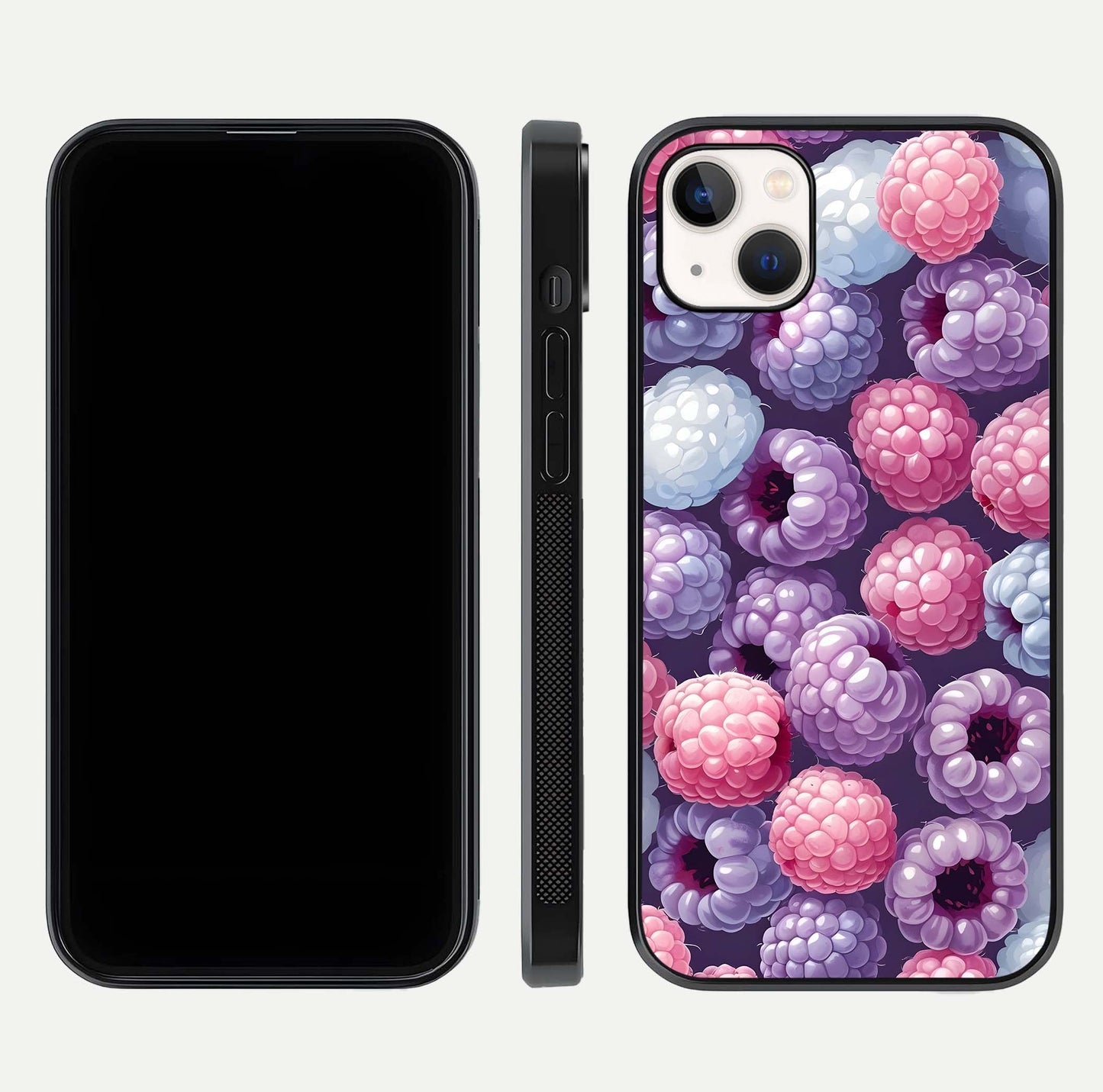 Berry Candy Pop Glass Case for iPhone 16 Pro front-and-back layout showing colorful pattern and sleek protective frame
