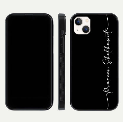 Black Tune Custom Name Glass Case for iPhone 14 Plus front-and-back layout showing personalized name zone and edges