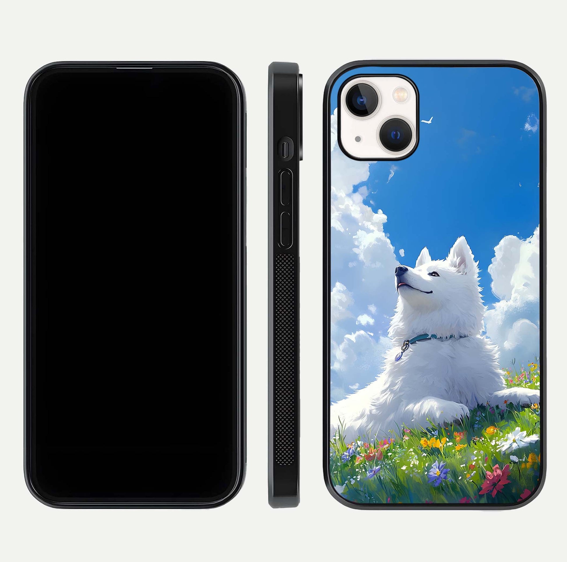 Blissful Cloud Pup Glass Case for iPhone 14 Plus front-and-back layout showing art alignment and edge design