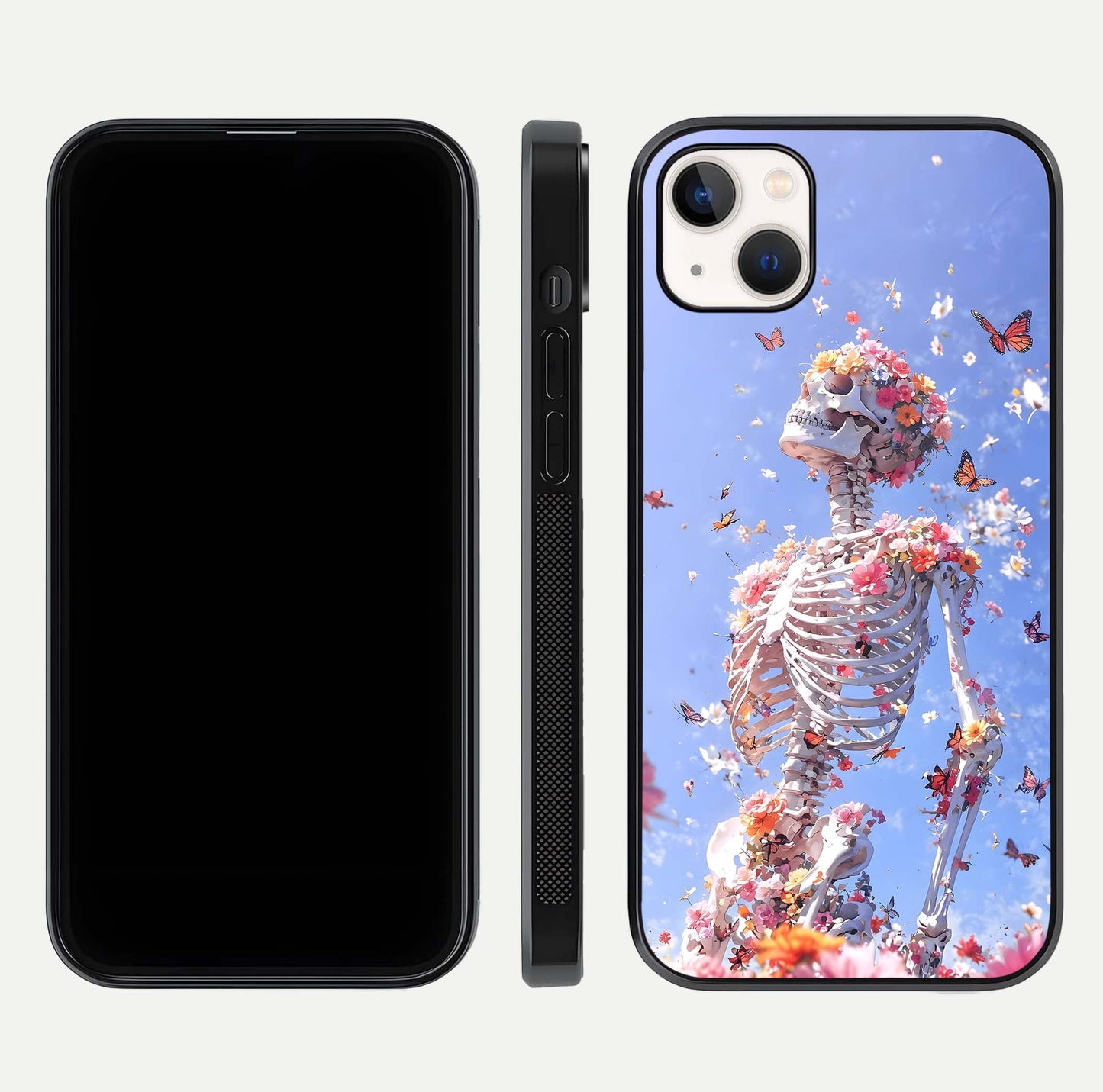 Bloom Beyond Bones Glass Case for iPhone 14 Plus dual-view layout showing creative aesthetic and edge design