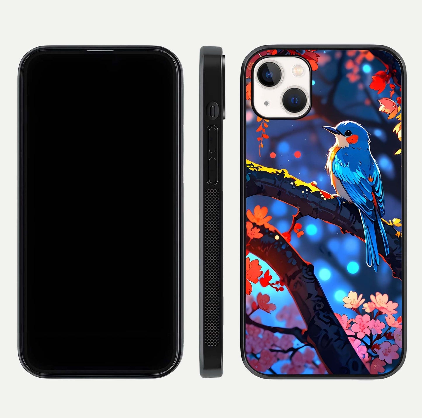 Blooming Spendor Bird Glass Case for iPhone 14 Plus front-and-back view showing nature print and protective edge