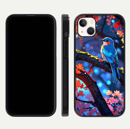 Blooming Spendor Bird Glass Case for iPhone 14 Plus front-and-back view showing nature print and protective edge