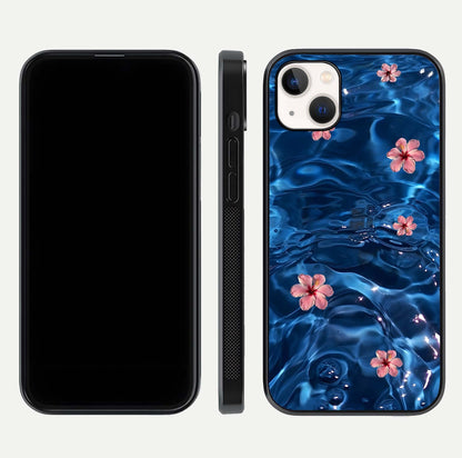 Blooming Water Drift Glass Case for iPhone 14 Plus front-and-back layout highlighting edge design and serene water bloom art