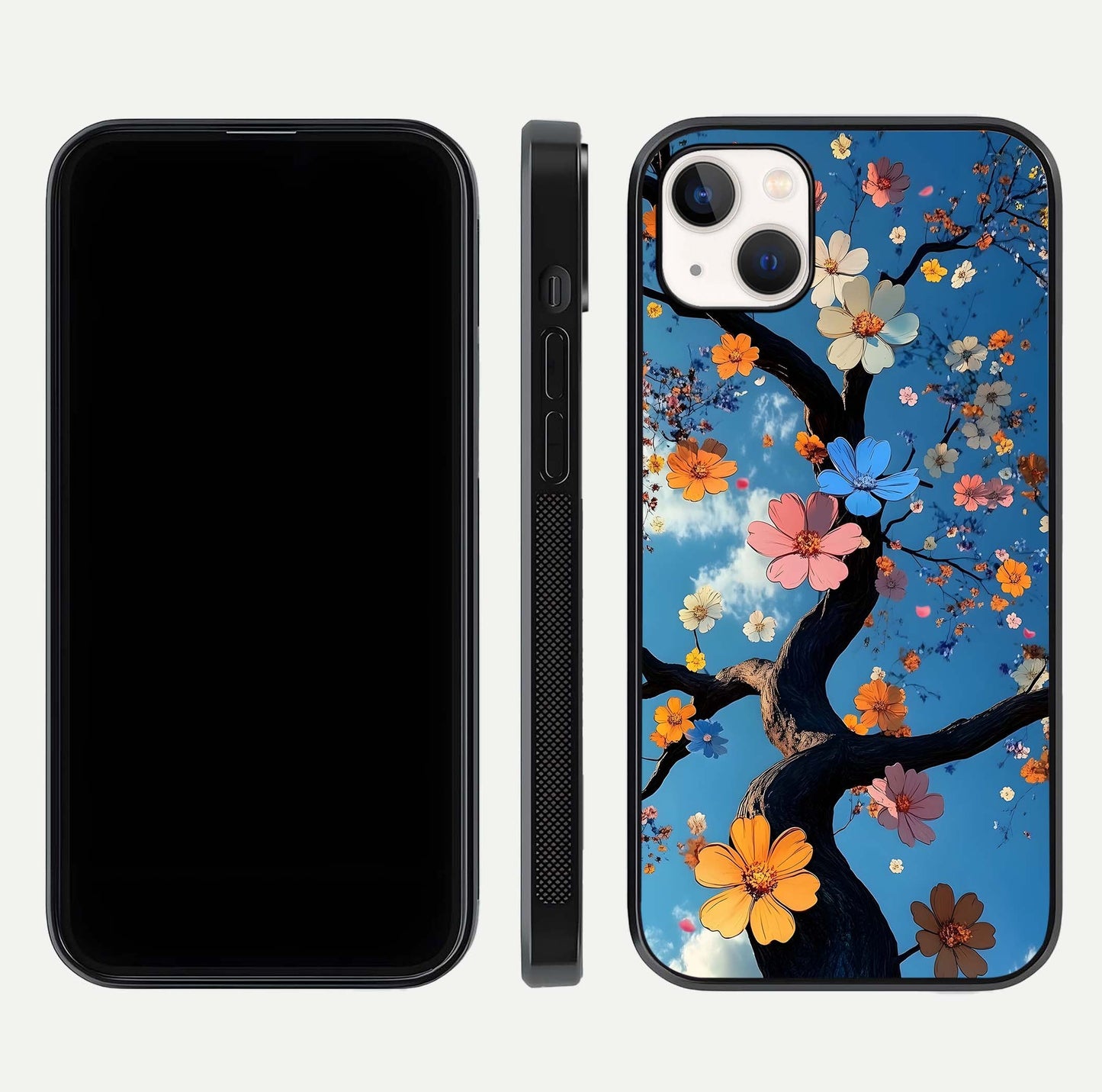 Blossom Dream Sky Glass Case for iPhone 14 Plus front-and-back layout showing floral print and premium edge gloss