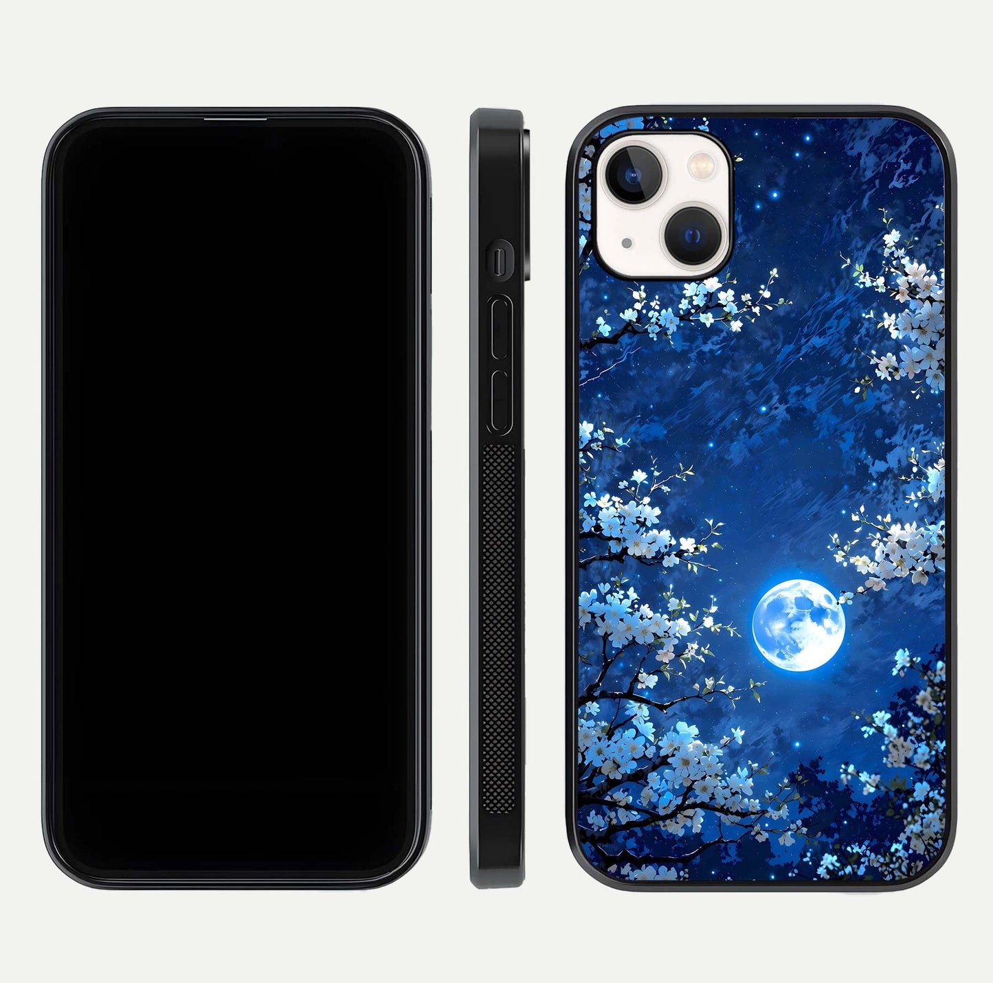 Blossom Moonlight Sky Glass Case for iPhone 16 Pro dual-view layout highlighting sky gradient and floral composition