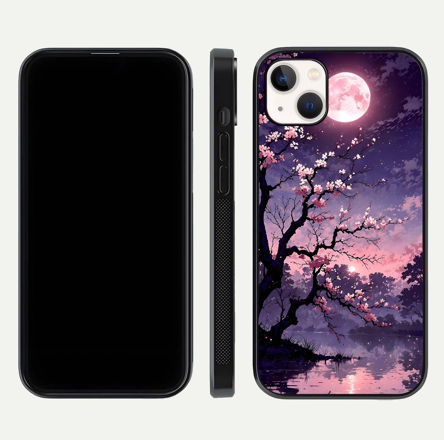 Blossom Pink Moon Glass Case for iPhone 14 Plus front-and-back layout showing minimal edges and artistic flower print