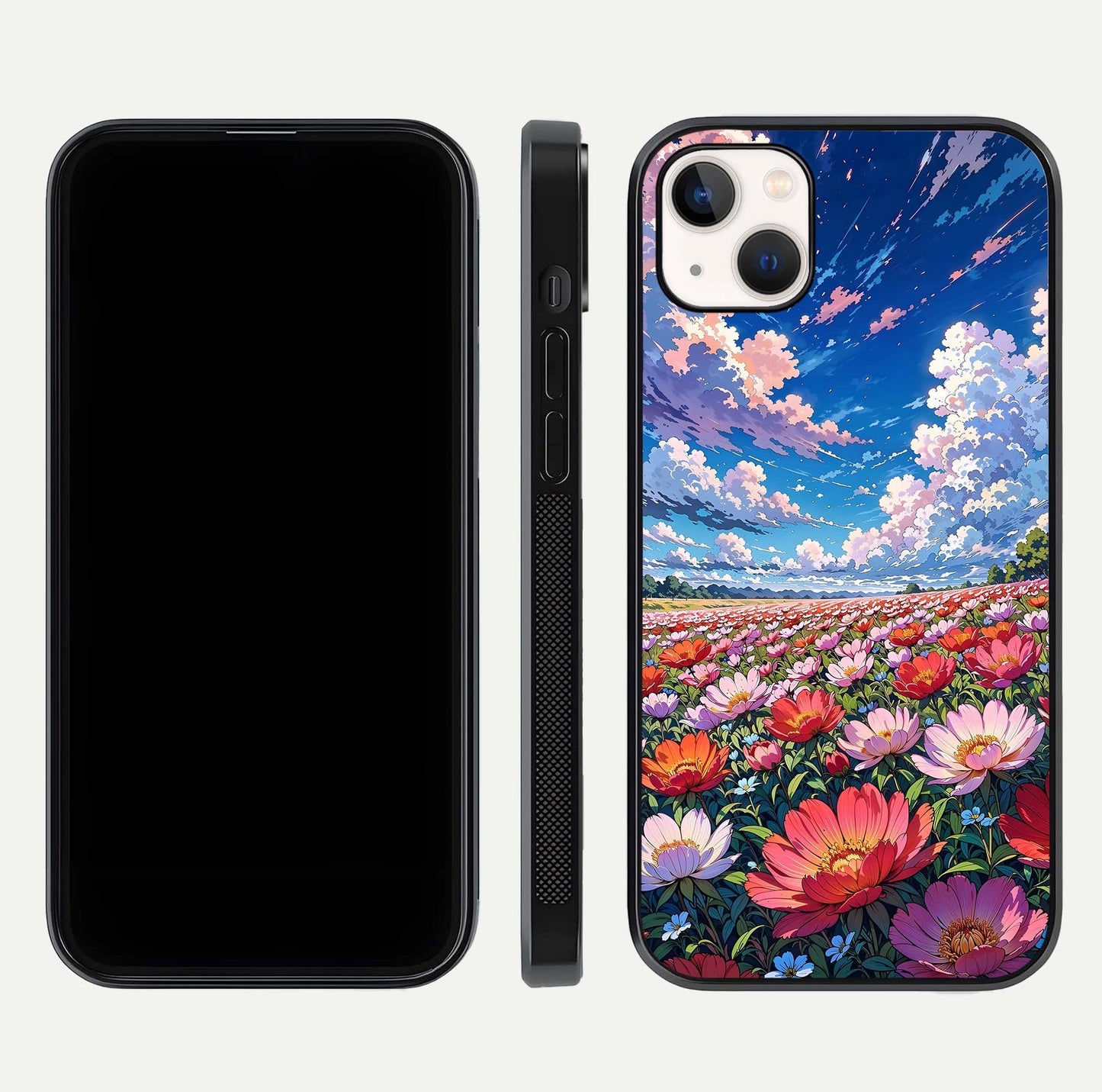 Blossom Sky Field Glass Case for iPhone 14 Plus front-and-back layout highlighting design edges and gloss clarity