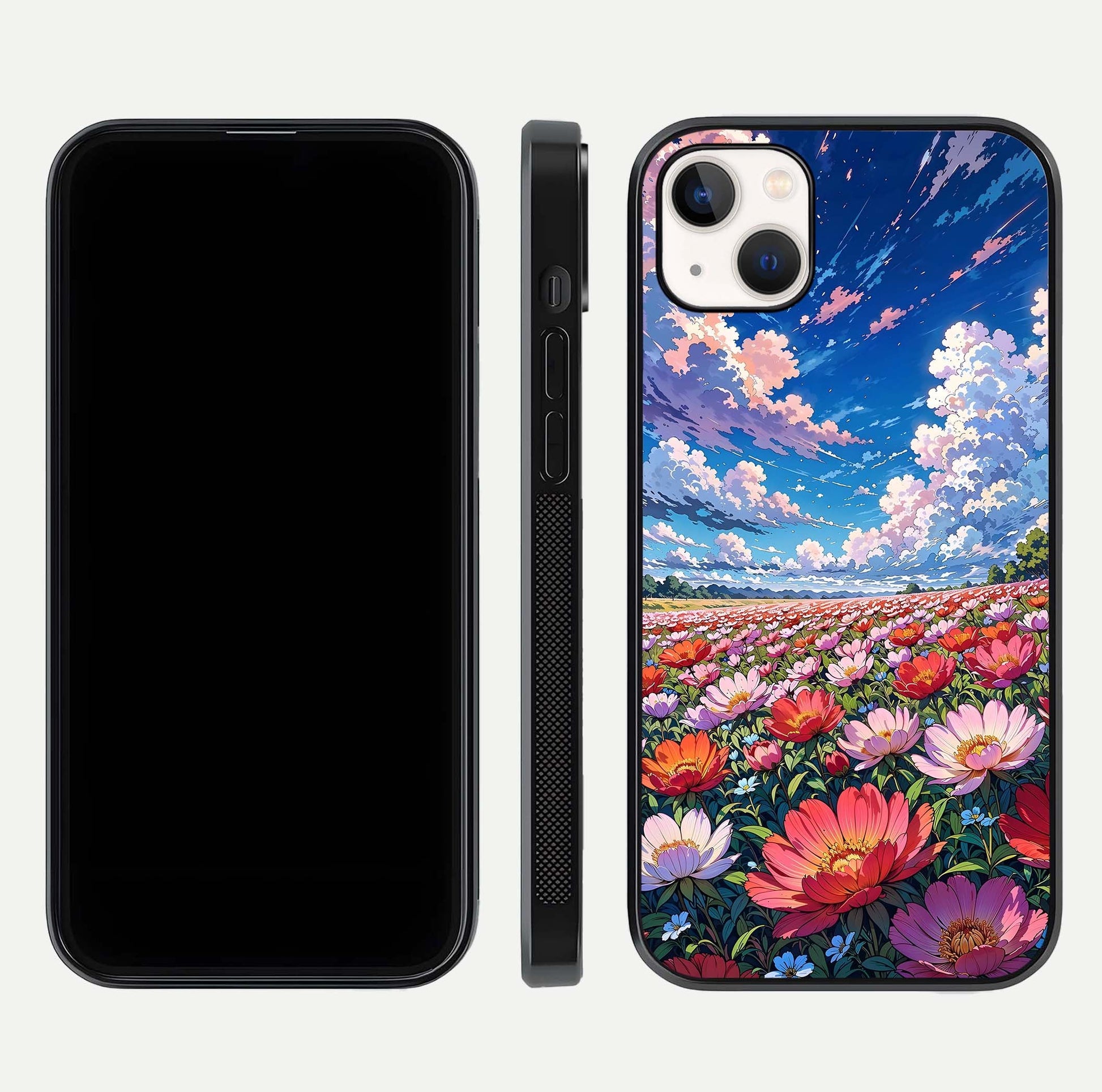 Blossom Sky Field Glass Case for iPhone 14 Plus front-and-back layout highlighting design edges and gloss clarity