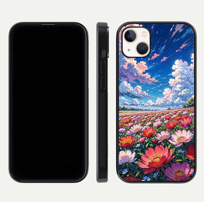 Blossom Sky Field Glass Case for iPhone 14 Plus front-and-back layout highlighting design edges and gloss clarity