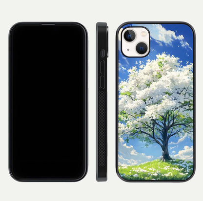 Blossom Sky Serenity Glass Case for iPhone 16 Pro dual-view layout showing pastel hues and soft protective edges