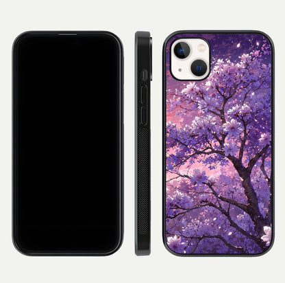 Blossom Tree Glass Case for iPhone 16 Pro front-and-back layout showing art alignment and gloss reflection