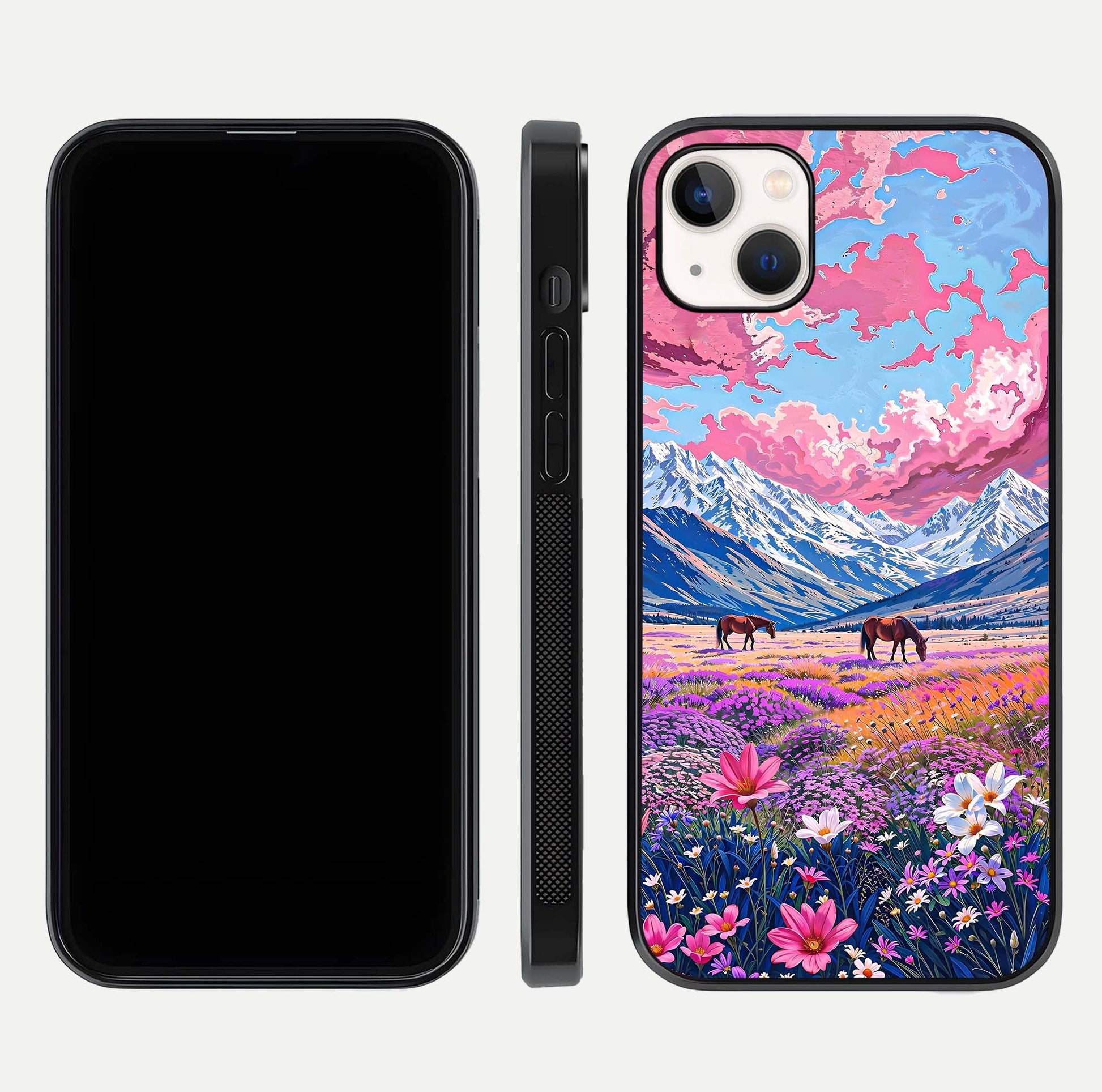 Blossom Valley Dream Glass Case for iPhone 14 Plus front-and-back layout highlighting glossy reflection and edge cut