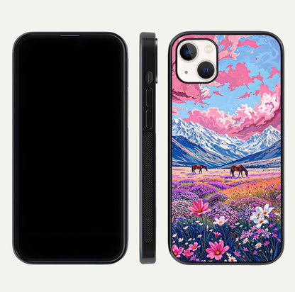Blossom Valley Dream Glass Case for iPhone 14 Plus front-and-back layout highlighting glossy reflection and edge cut