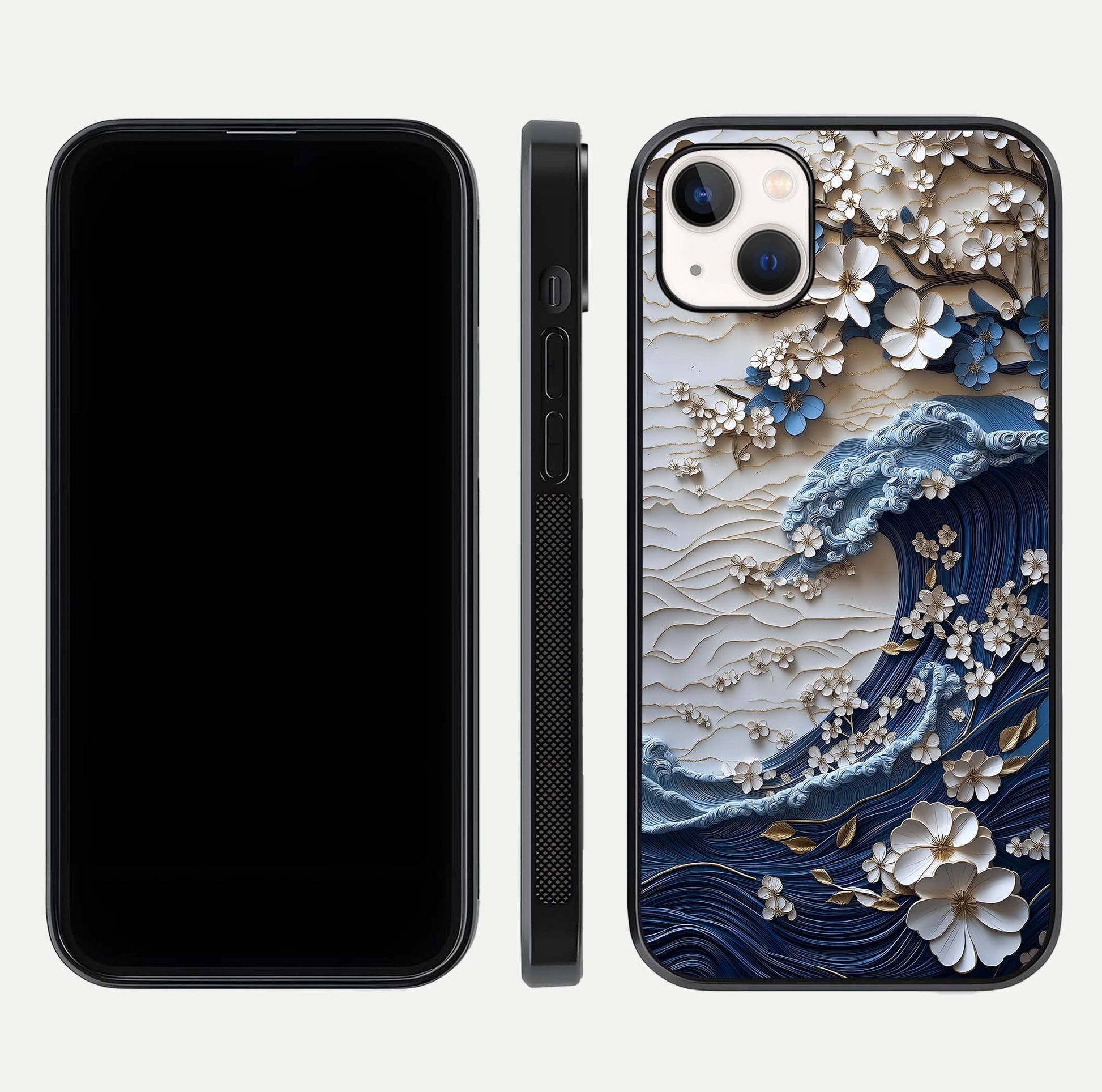 Blossom Wave Art Glass Case for iPhone 16 Pro front-and-back layout showing curved design and glass clarity