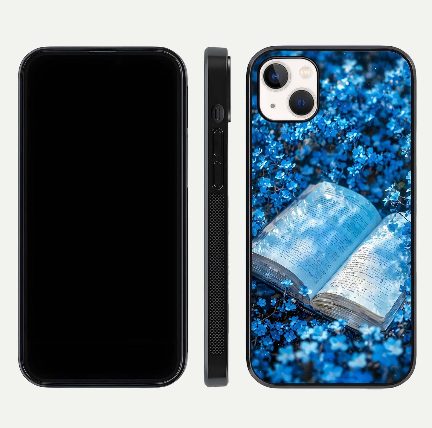 Blue Bloom Tales Glass Case for iPhone 16 Pro dual-view layout highlighting shine, floral print, and smooth edges