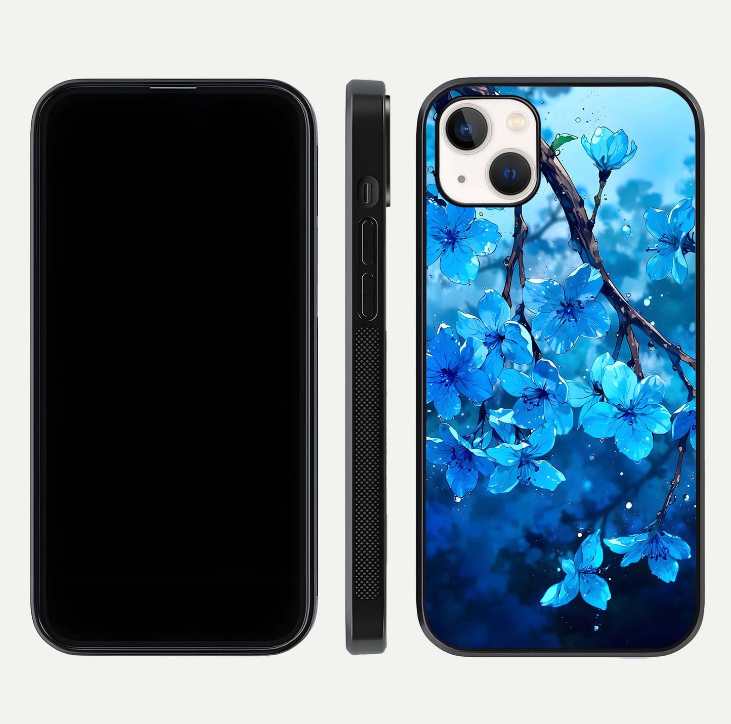 Blue Blossoms Branch Glass Case for iPhone 16 Pro dual-view layout displaying floral art and sleek protective frame