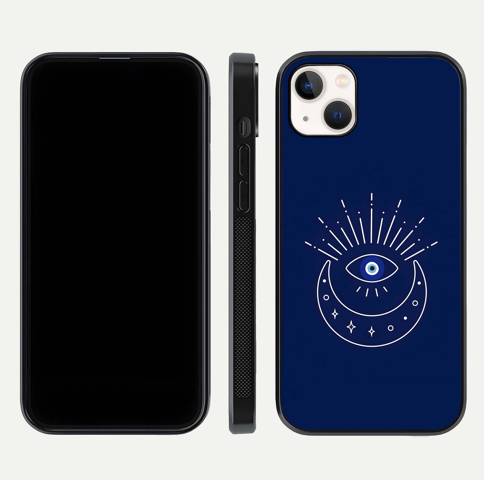 Blue Evil Eye Glass Case for iPhone 16 Pro front-and-back layout showing blue aura design and curved-edge clarity