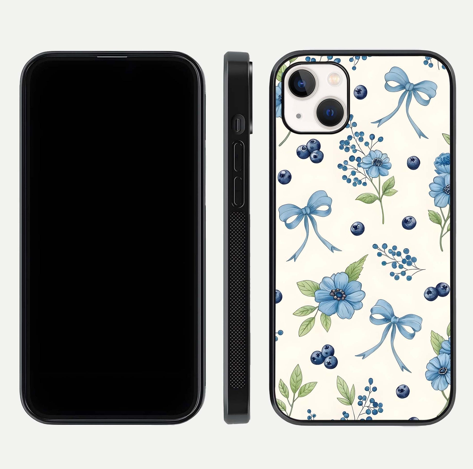 Blue Flower & Bow Glass Case for iPhone 14 Plus dual-view layout showing balanced pattern and smooth edges