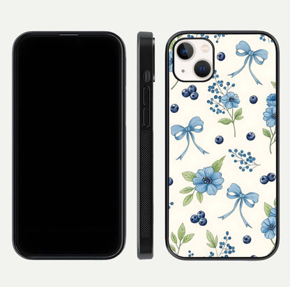 Blue Flower & Bow Glass Case for iPhone 14 Plus dual-view layout showing balanced pattern and smooth edges