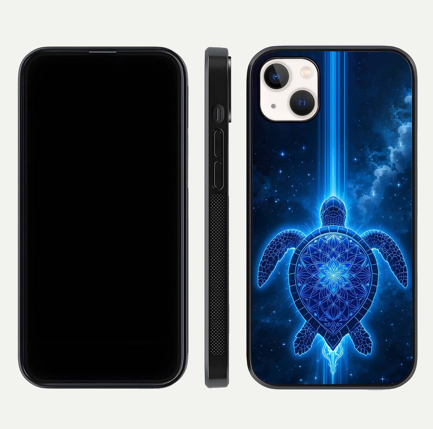 Blue Galaxy Turtle Glass Case for iPhone 14 Plus front-and-back layout highlighting cosmic art and reflective glass