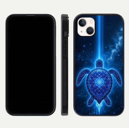 Blue Galaxy Turtle Glass Case for iPhone 14 Plus front-and-back layout highlighting cosmic art and reflective glass
