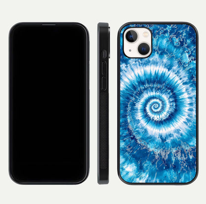 Blue Galaxy Wave Glass Case for iPhone 14 Plus front-and-back layout showing gradient flow and shine clarity