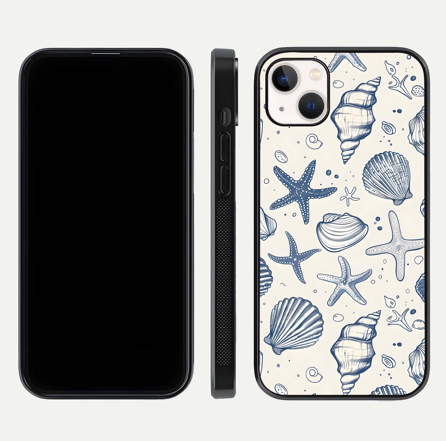 Blue Ocean Outline Glass Case for iPhone 16 Pro front-and-back layout showing minimal wave design and HD gloss