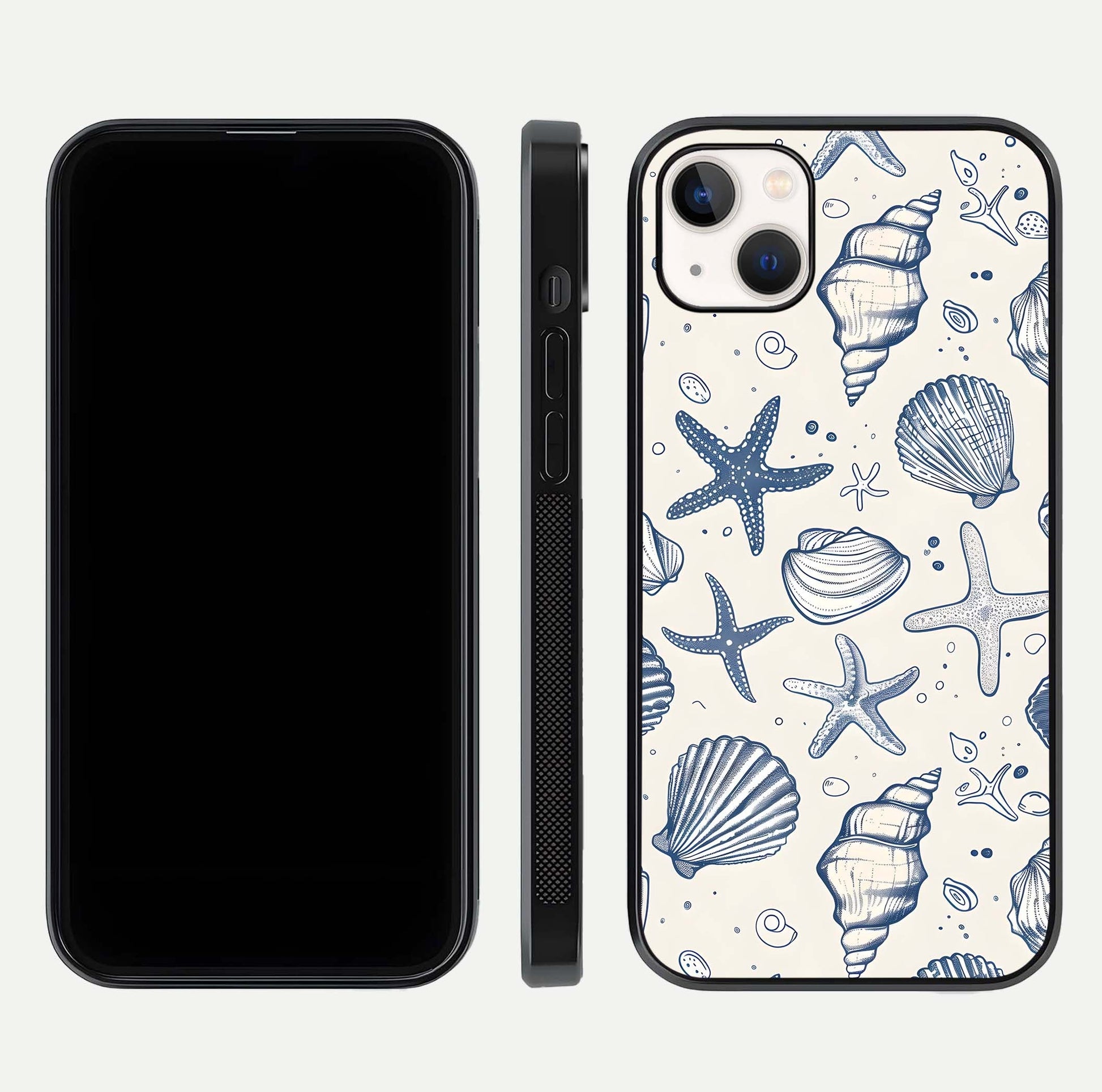 Blue Ocean Outline Glass Case for iPhone 16 Pro front-and-back layout showing minimal wave design and HD gloss