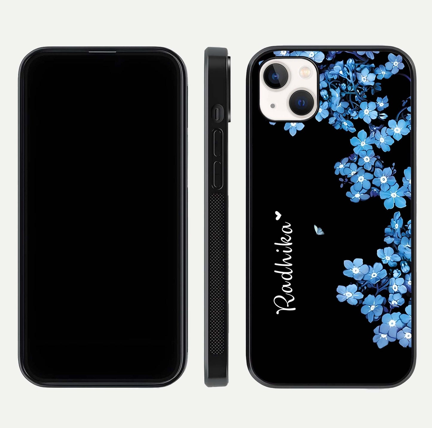 Blue Petal Dream Custom Name Glass Case for iPhone 14 Plus dual-view layout showing text placement and premium finish
