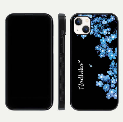 Blue Petal Dream Custom Name Glass Case for iPhone 14 Plus dual-view layout showing text placement and premium finish
