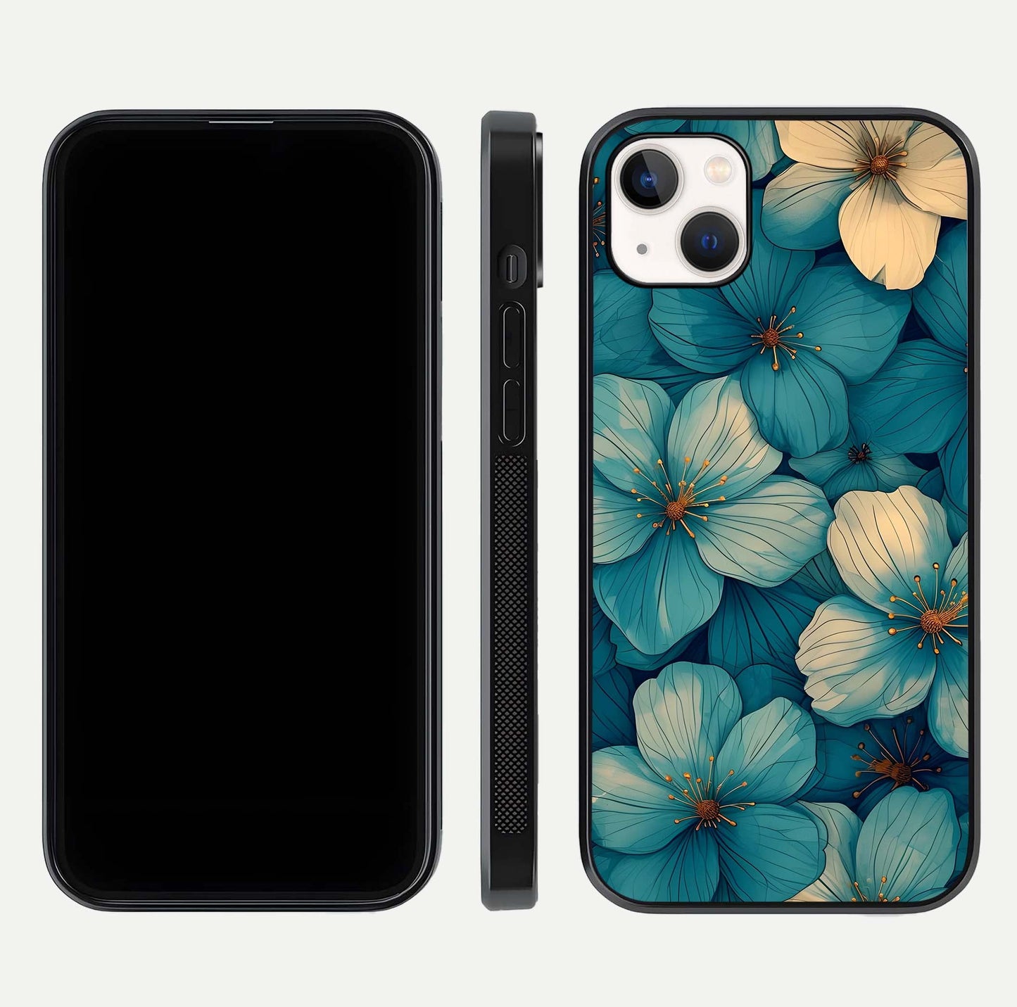 Blue Shade Floral Glass Case for iPhone 16 Pro front-and-back layout displaying bloom contrast and edge polish