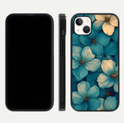 Blue Shade Floral Glass Case for iPhone 16 Pro front-and-back layout displaying bloom contrast and edge polish