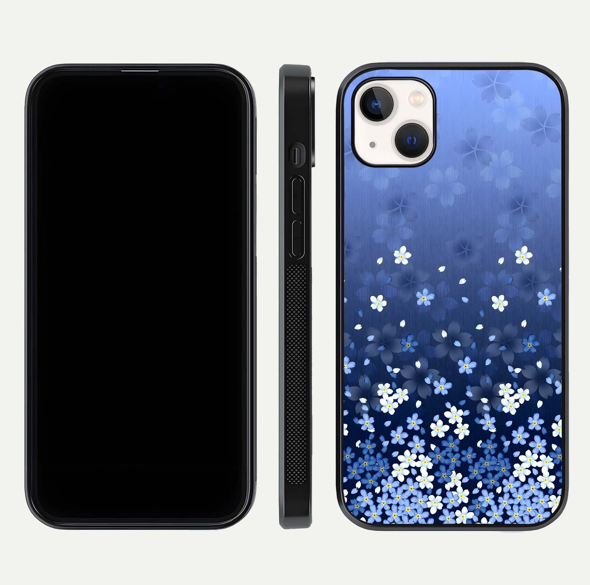 Blue Starry Glass Case for iPhone 14 Plus dual-view layout showing star spread and smooth edge shine