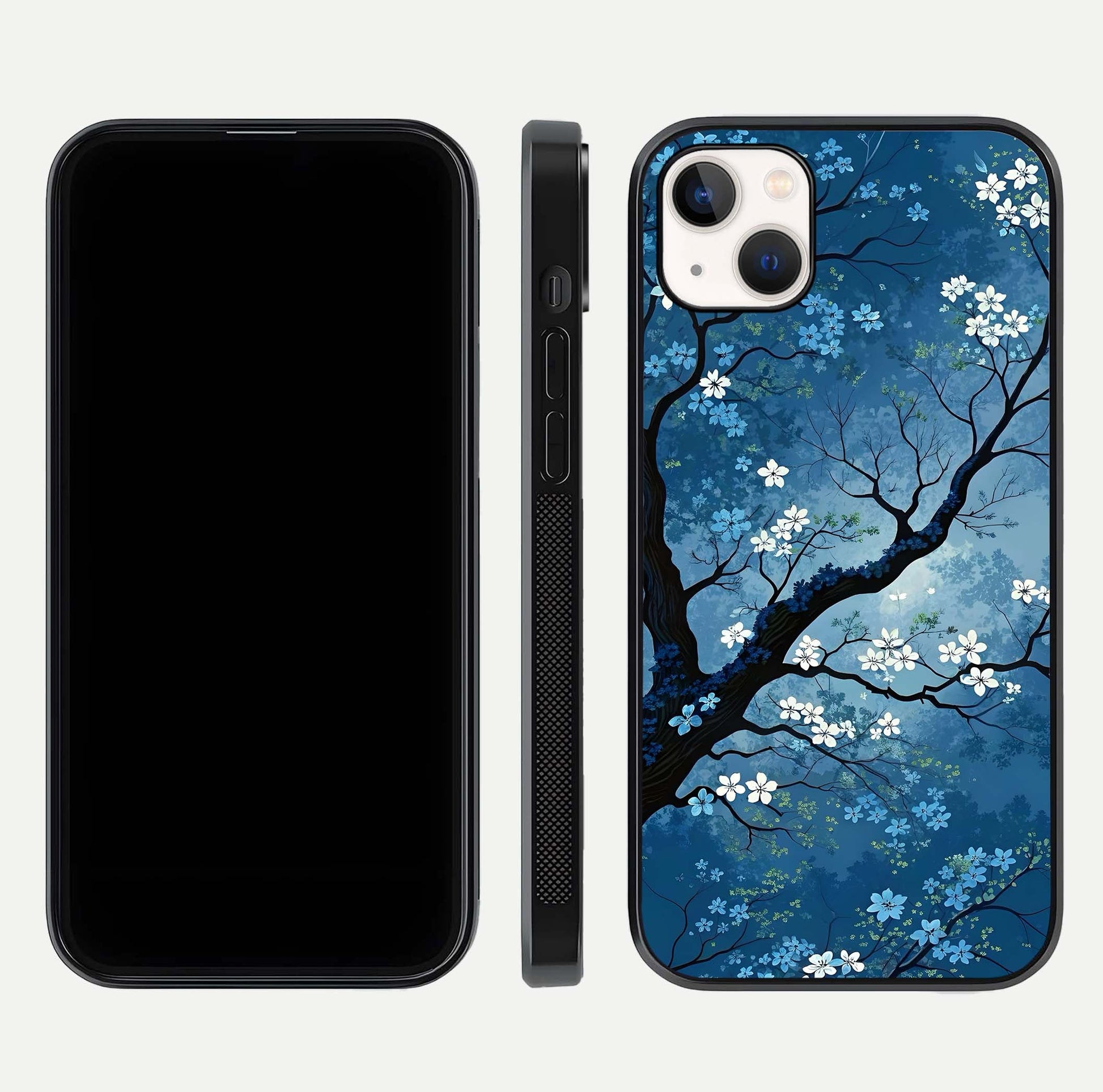 Blue Tree Serenity Glass Case for iPhone 16 Pro front-and-back layout showing gradient background and smooth edges