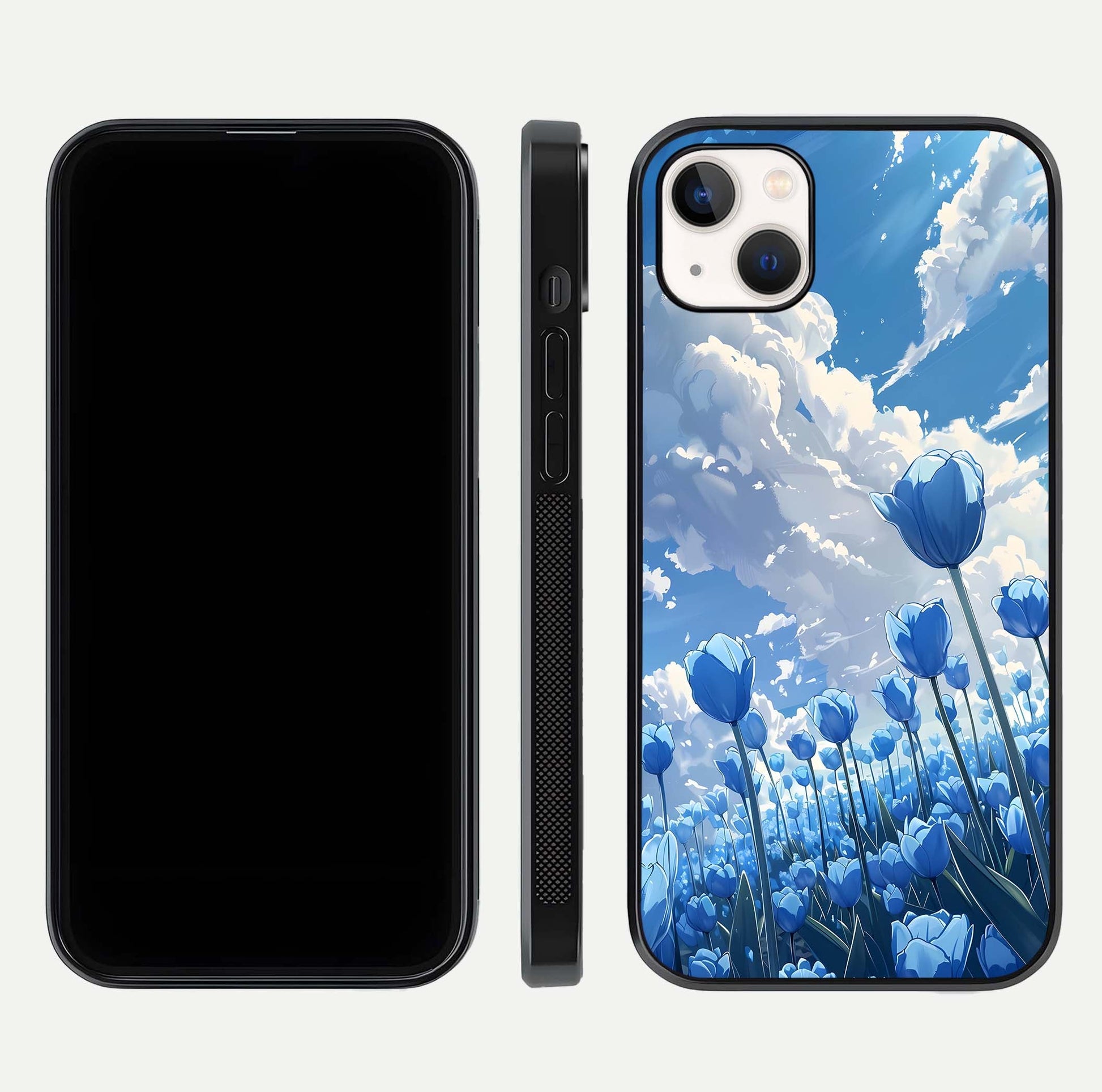 Blue Tulip Clouds Glass Case for iPhone 14 Plus front-and-back layout showcasing floral detail and polished edges